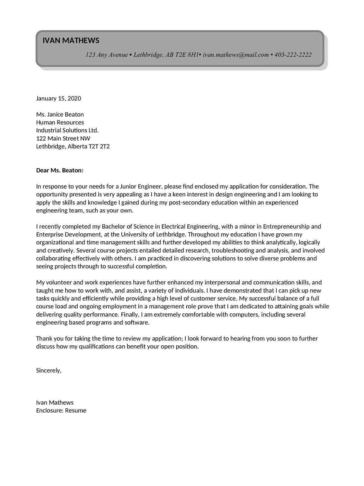 Sample cover letter: Engineering, Entry Level, Response to Ad